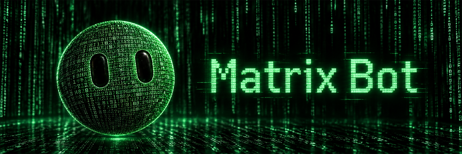 Matrix Bot banner: binary sphere beside the name in green digital light